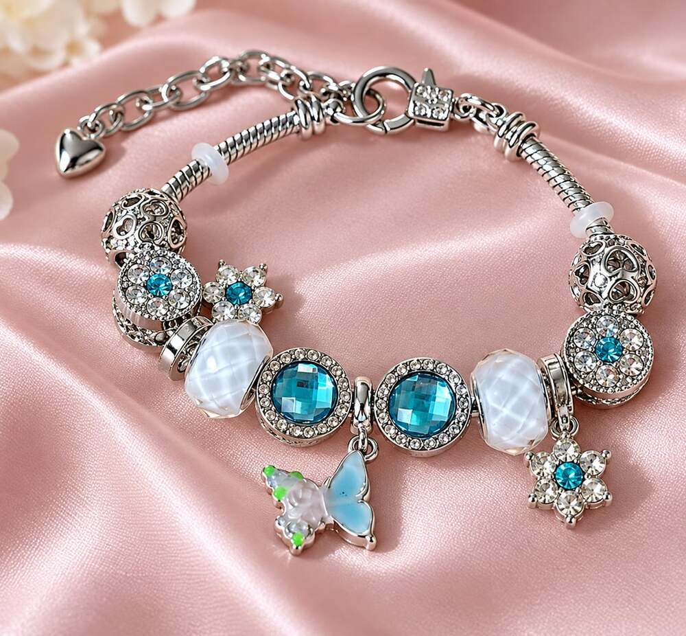 Blue Butterfly & Crystal Charm Bracelet